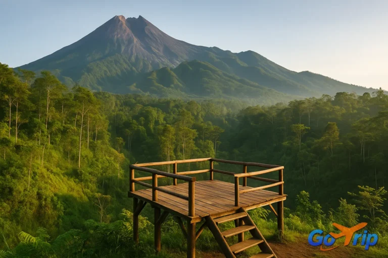 Gardu pandang kayu Bukit Klangon dengan latar Gunung Merapi dan hutan hijau lebat