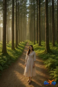Deretan pohon pinus tinggi menjulang di Hutan Pinus Asri Mangunan, Yogyakarta