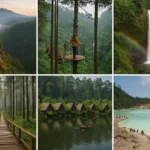 Kolase gambar HD enam tempat wisata gunung dan perbukitan paling populer di Bandung, termasuk Tebing Keraton, The Lodge Maribaya, Curug Cimahi, Orchid Forest, Dusun Bambu, dan Kawah Putih.
