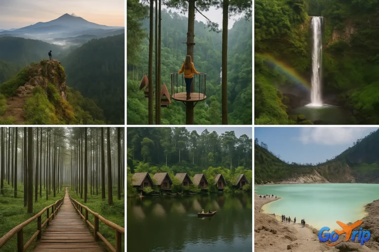 Kolase gambar HD enam tempat wisata gunung dan perbukitan paling populer di Bandung, termasuk Tebing Keraton, The Lodge Maribaya, Curug Cimahi, Orchid Forest, Dusun Bambu, dan Kawah Putih.