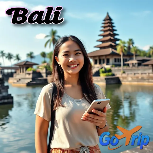 Pemandangan pura di pinggir danau dengan latar pegunungan dan pepohonan tropis di Bali