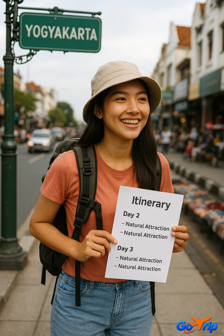 Seorang wanita muda Indonesia bergaya backpacker memegang itinerary perjalanan di kawasan Malioboro, Yogyakarta.