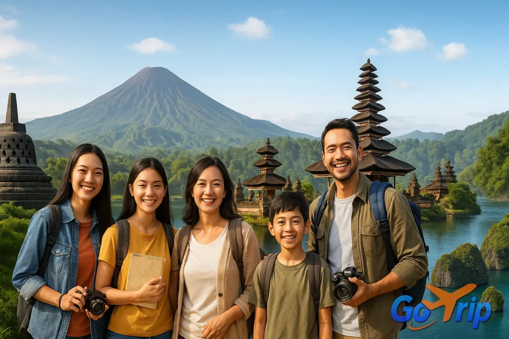 Sekelompok wisatawan Indonesia dengan latar berbagai destinasi ikonik seperti Candi Borobudur, Gunung Bromo, dan pantai Bali