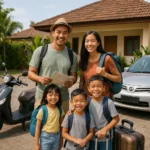 Sebuah keluarga Asia berdiri di depan guesthouse sederhana di Bali dengan koper, backpack, motor sewaan, dan mobil kecil, siap memulai liburan hemat mereka.