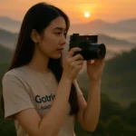 Wanita Asia cantik berambut panjang sedang memotret dengan kamera Leica saat matahari terbit, mengenakan kaos bertuliskan “Gotrip.id – Bandung”.