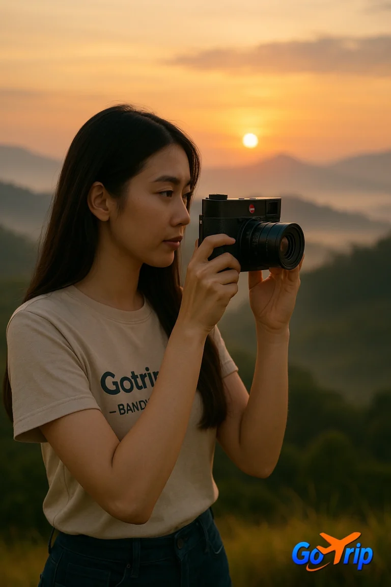 Wanita Asia cantik berambut panjang sedang memotret dengan kamera Leica saat matahari terbit, mengenakan kaos bertuliskan “Gotrip.id – Bandung”.